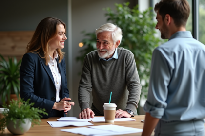 Trois professionnels discutent dans un bureau écologique moderne
