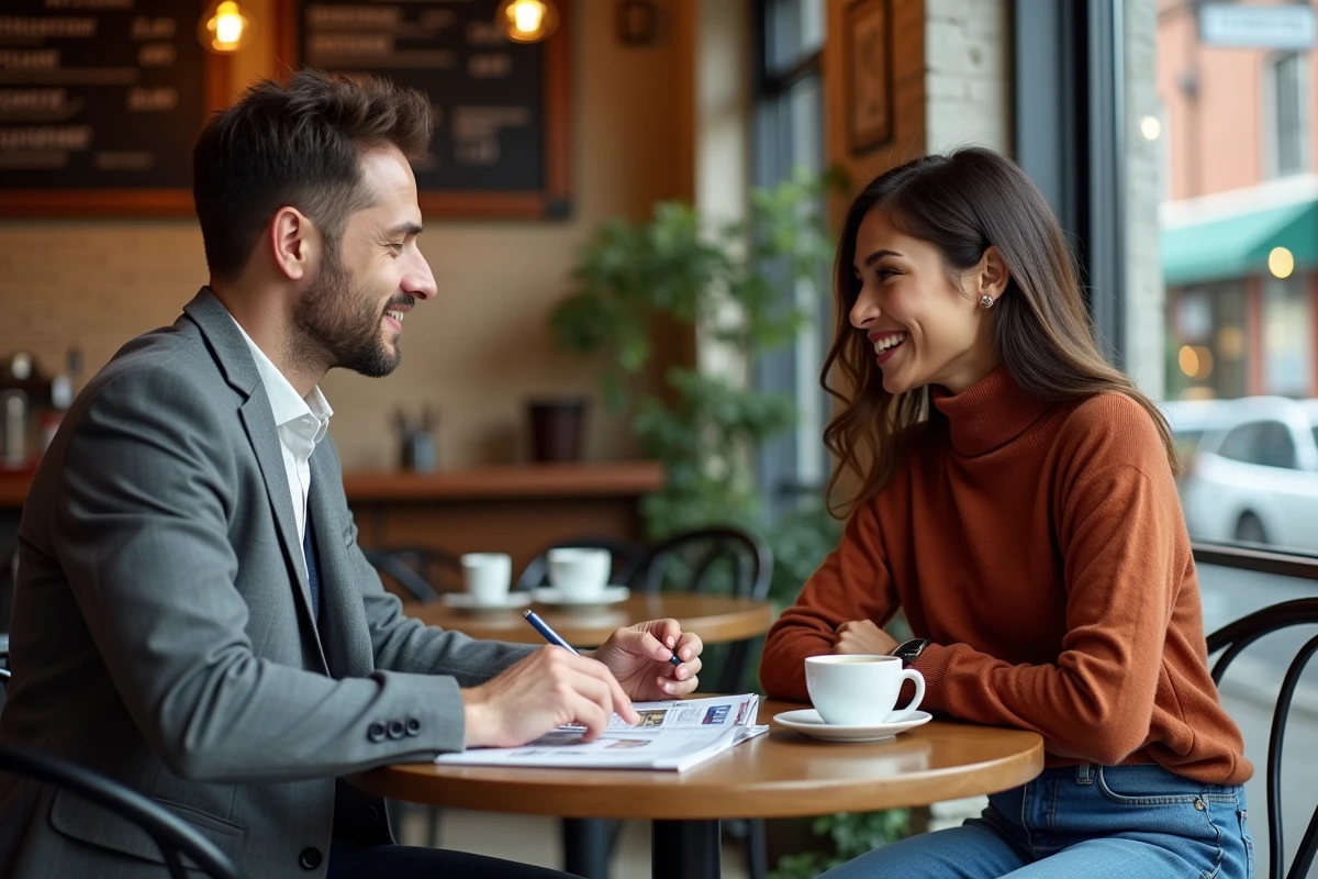 Deux entrepreneurs discutant d'un article de Lebusinessmag autour d'un café dans un espace urbain tendance