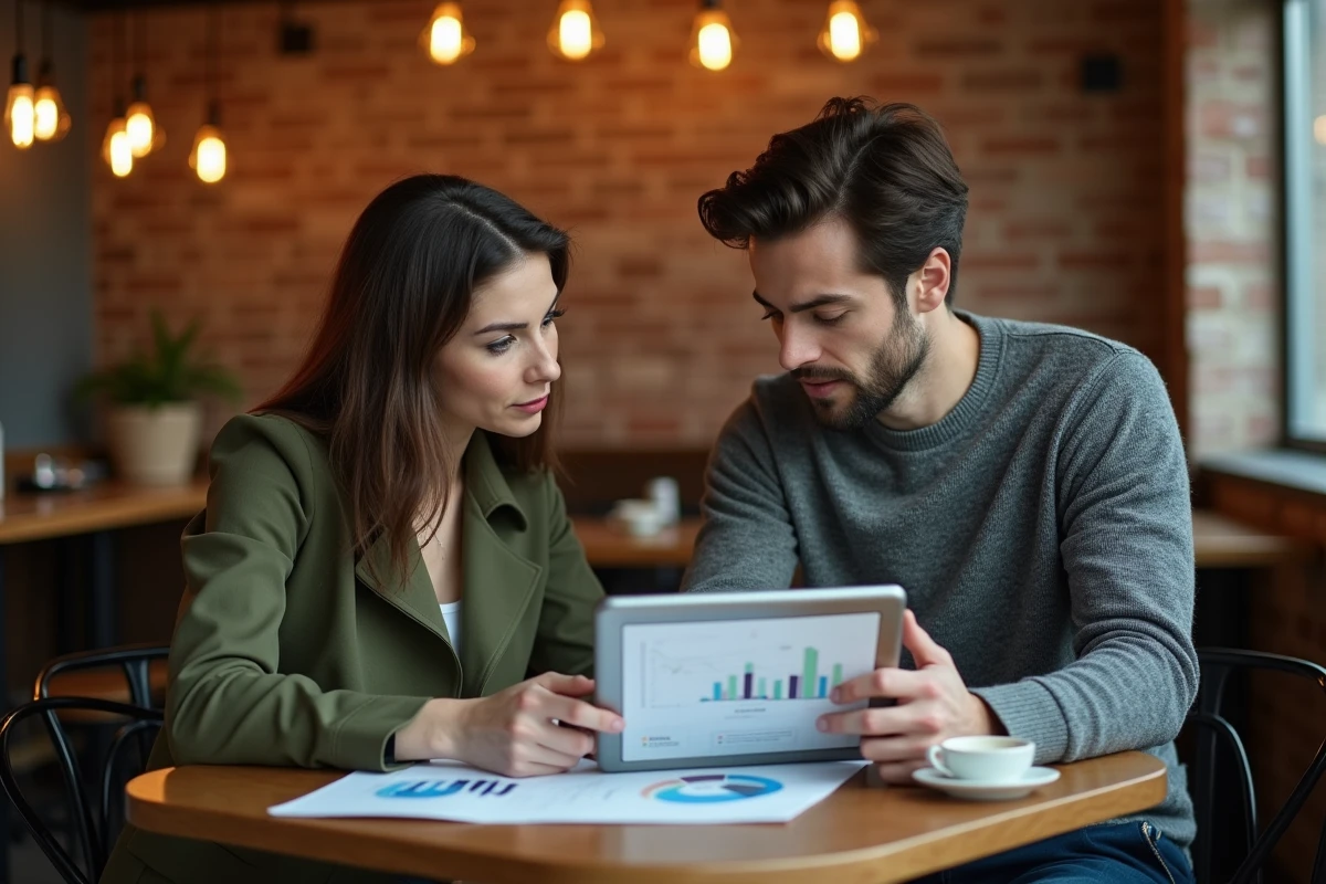 Deux professionnels discutant de conseils business et de stratégie de niche autour de documents dans un café