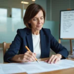 Femme professionnelle révisant les statuts d'une association lors d'une réunion administrative