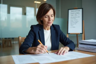 Femme professionnelle révisant les statuts d'une association lors d'une réunion administrative