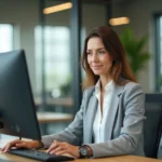Responsable RH consultant des documents dématérialisés sur ordinateur dans un bureau moderne et organisé