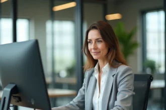 Responsable RH consultant des documents dématérialisés sur ordinateur dans un bureau moderne et organisé