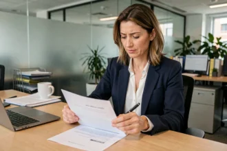 Responsable RH en blazer marine signant une lettre d'adhésion à la mutuelle d'entreprise à son bureau