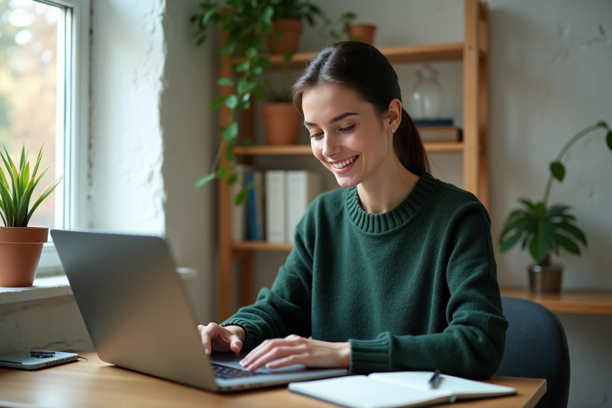 Jeune salariée accédant à ses démarches RH depuis son espace de travail à domicile