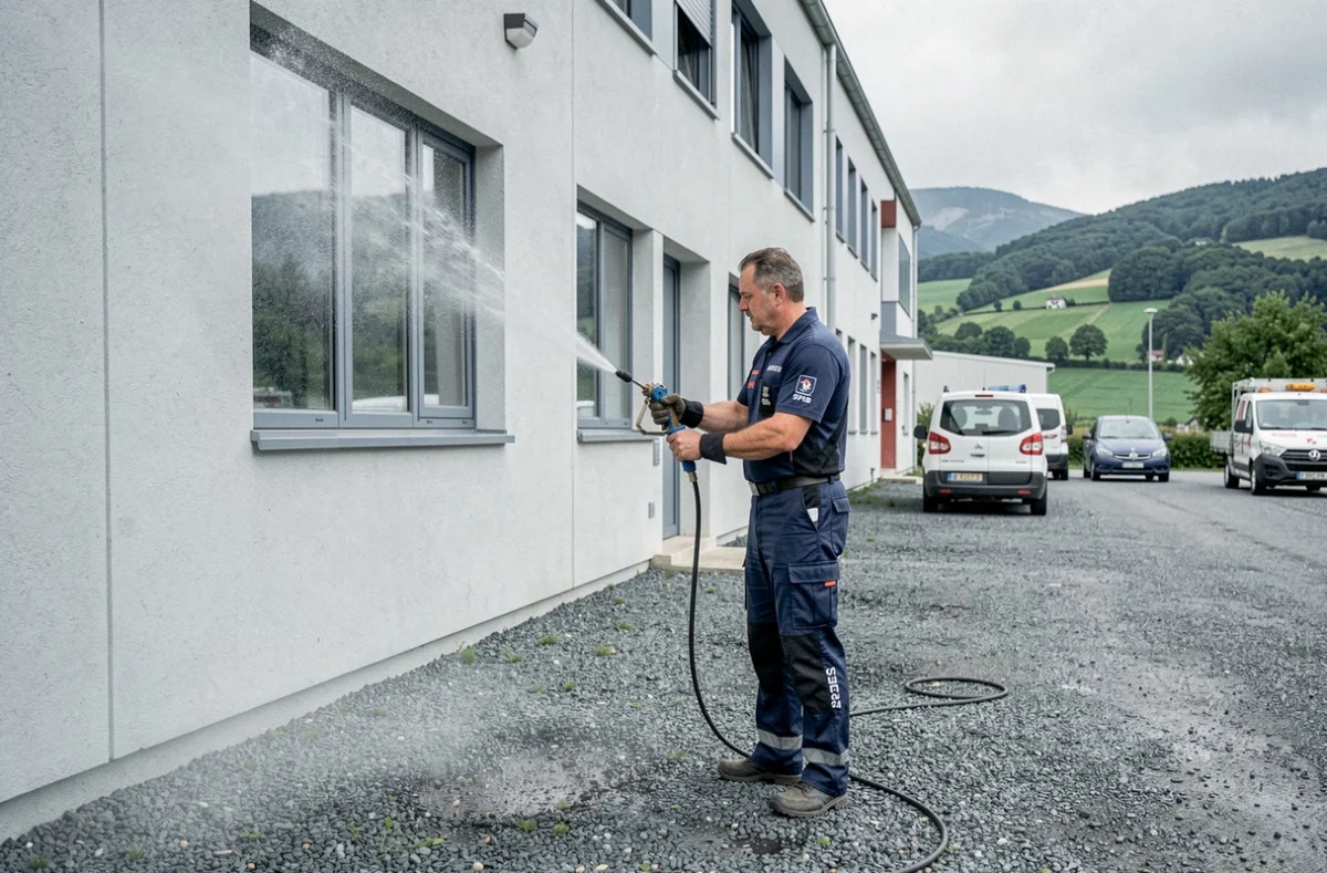 Spécialiste SARL SPEB réalisant un nettoyage haute pression sur un bâtiment à Domène