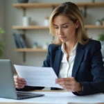 Femme professionnelle organisant des justificatifs administratifs dans un bureau moderne avec interface de gestion sécurisée sur ordinateur portable