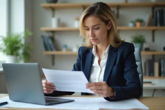 Femme professionnelle organisant des justificatifs administratifs dans un bureau moderne avec interface de gestion sécurisée sur ordinateur portable