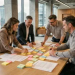 Équipe de collaborateurs en entreprise triant des idées sur une table de réunion couverte de post-its et fiches colorées
