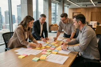 Équipe de collaborateurs en entreprise triant des idées sur une table de réunion couverte de post-its et fiches colorées