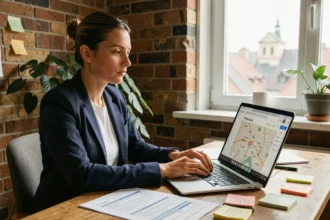 Femme travaillant seule sur le référencement local SEO en Alsace depuis un bureau à domicile