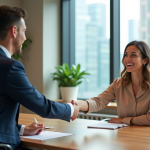 Deux professionnels se serrent la main dans un bureau moderne