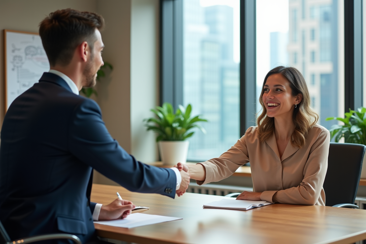 Deux professionnels se serrent la main dans un bureau moderne