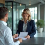Une responsable RH remet un document d'avisage officiel à un collaborateur au bureau de réception d'une entreprise moderne