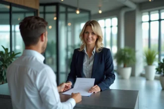 Une responsable RH remet un document d'avisage officiel à un collaborateur au bureau de réception d'une entreprise moderne