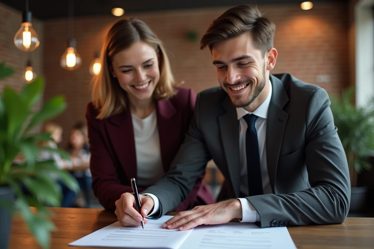 Signature d'un contrat commercial entre deux professionnels dans un espace de coworking moderne