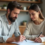Deux personnes examinant attentivement un contrat de prêt entre particuliers à une table en bois