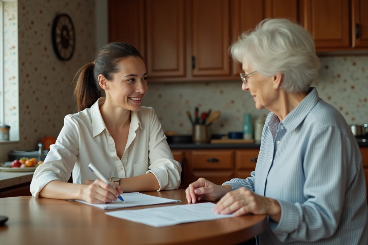 Femme signant un contrat avec une cliente âgée à la cuisine