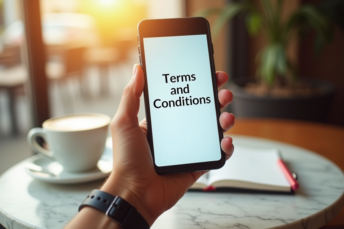 Téléphone affichant les conditions générales dans un café lumineux
