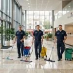 Équipe de professionnels du nettoyage en uniforme dans le hall d'un immeuble de bureaux en Auvergne-Rhône-Alpes