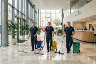 Équipe de professionnels du nettoyage en uniforme dans le hall d'un immeuble de bureaux en Auvergne-Rhône-Alpes