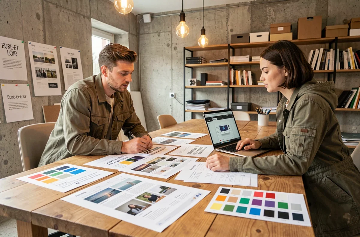 Équipe de Studios Web en Eure-et-Loir examinant des maquettes de web design imprimées sur une grande table de studio