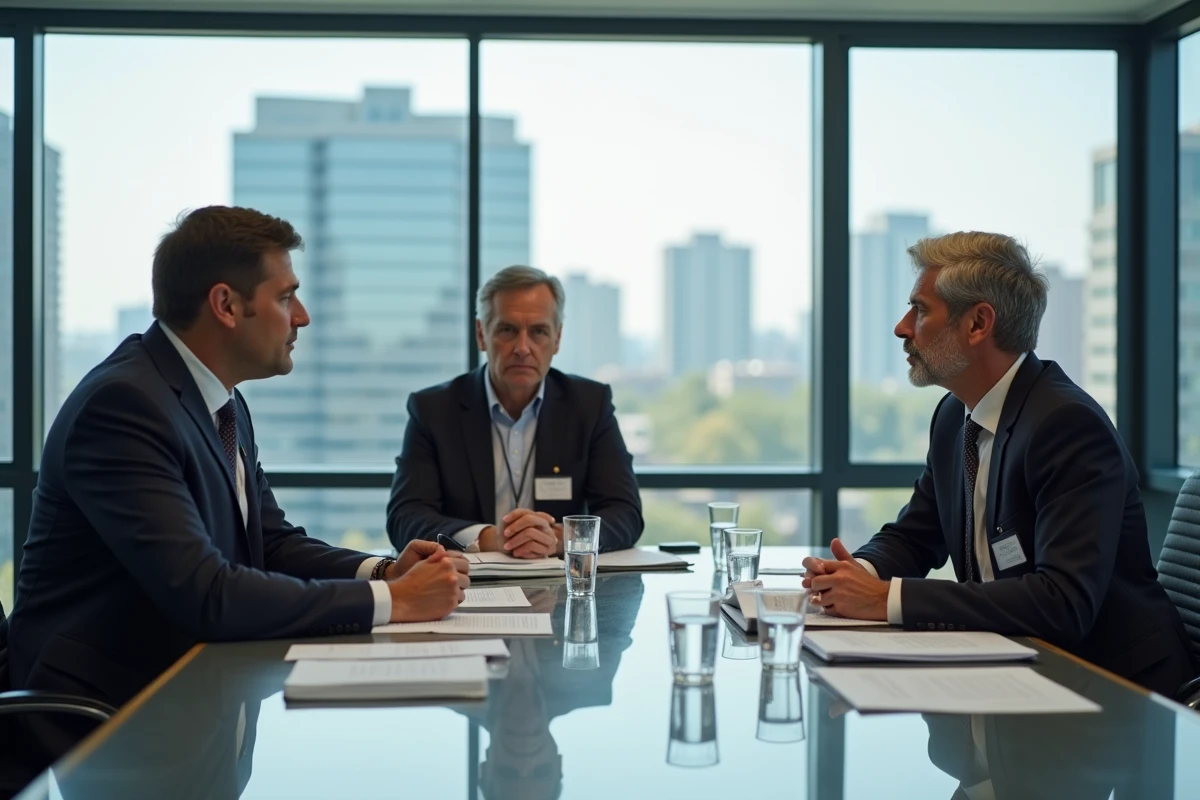 Représentants syndicaux de la fonction publique réunis en réunion de négociation autour d'une table de conférence pour discuter des augmentations de salaires en 2026