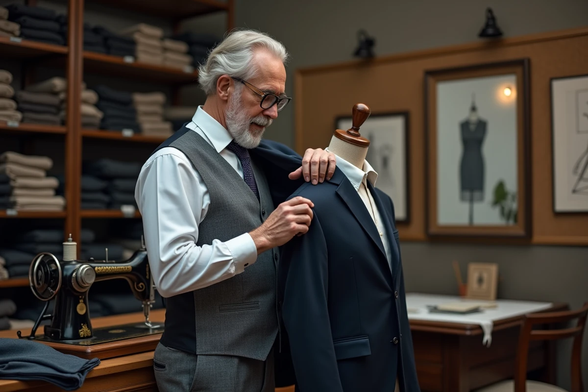 Tailleur expérimenté cousant à la main un costume en laine dans un atelier de couture classique, évoquant le savoir-faire et le travail de qualité