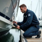 Technicien maritime masculin inspectant la coque d'un bateau à moteur dans une marina professionnelle en 2026