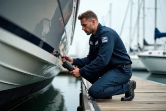 Technicien maritime masculin inspectant la coque d'un bateau à moteur dans une marina professionnelle en 2026