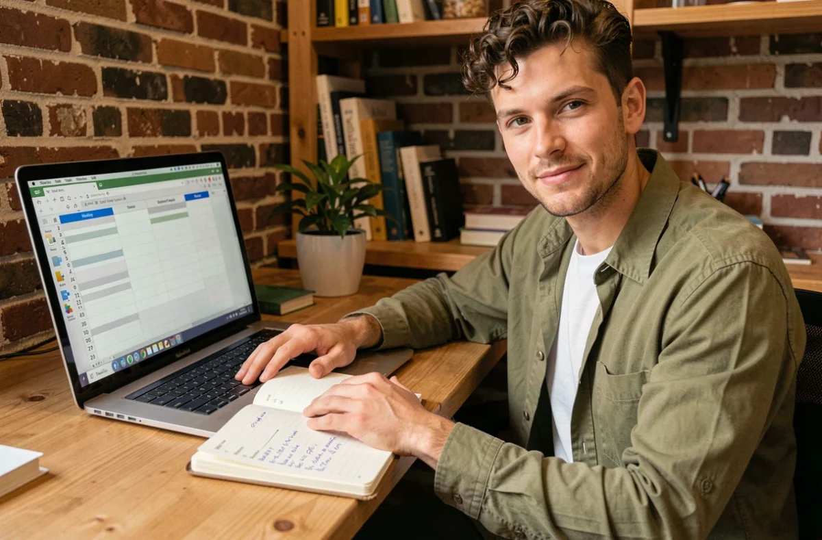 Jeune salarié en télétravail vérifiant le nombre de jours travaillés en 2026 sur un tableur depuis son bureau à domicile