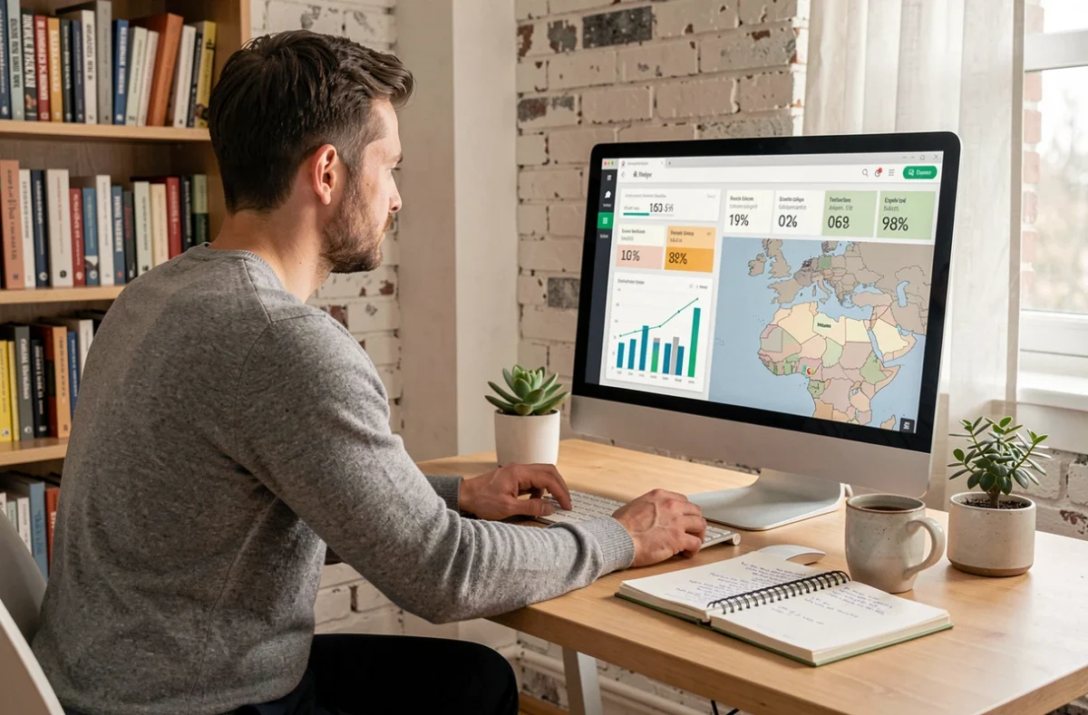 Homme travaillant depuis chez lui sur un tableau de bord d'indicateurs économiques territoriaux français affiché sur un grand moniteur