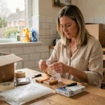 Femme travaillant à domicile en emballant des colis sur une table de cuisine en bois