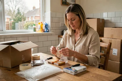 Femme travaillant à domicile en emballant des colis sur une table de cuisine en bois