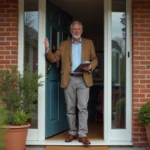 Vendeur à la porte d'une maison accueillante avec un sourire