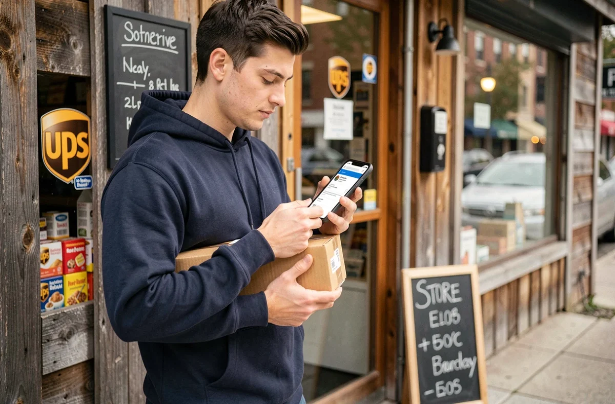 Jeune homme vérifiant la confirmation de dépôt UPS sur son téléphone devant un point relais
