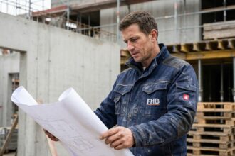 Ouvrier en vêtement de travail FHB sur chantier révisant des plans, veste de travail bleu marine avec poches renforcées