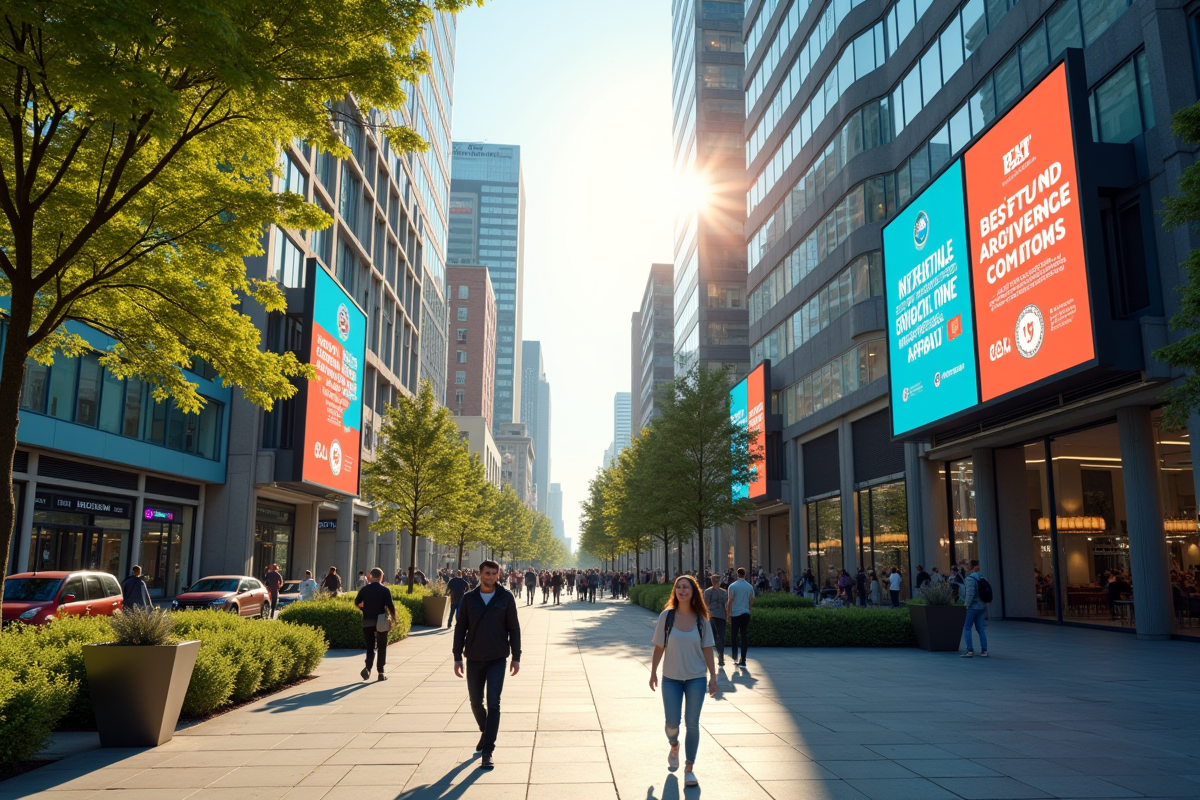 Rue urbaine avec panneaux publicitaires et passants souriants