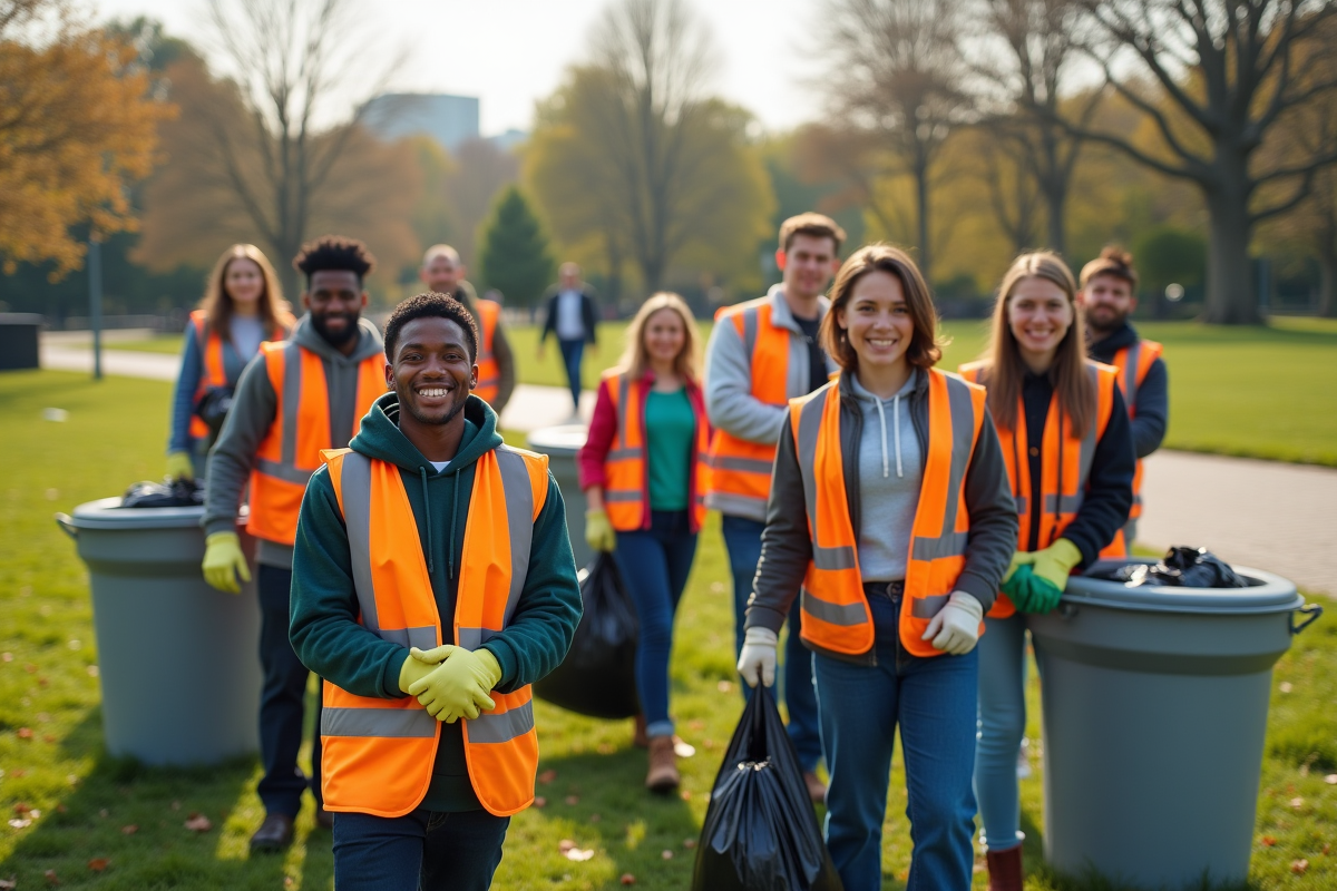 Groupe de volontaires nettoyant un parc public